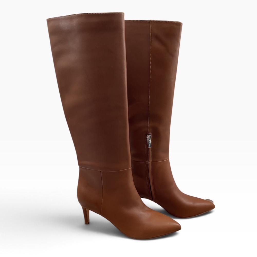 Calvin Klein Brown Leather Knee High Pointed Toe Kitten Heel Boots Side Zip Tall